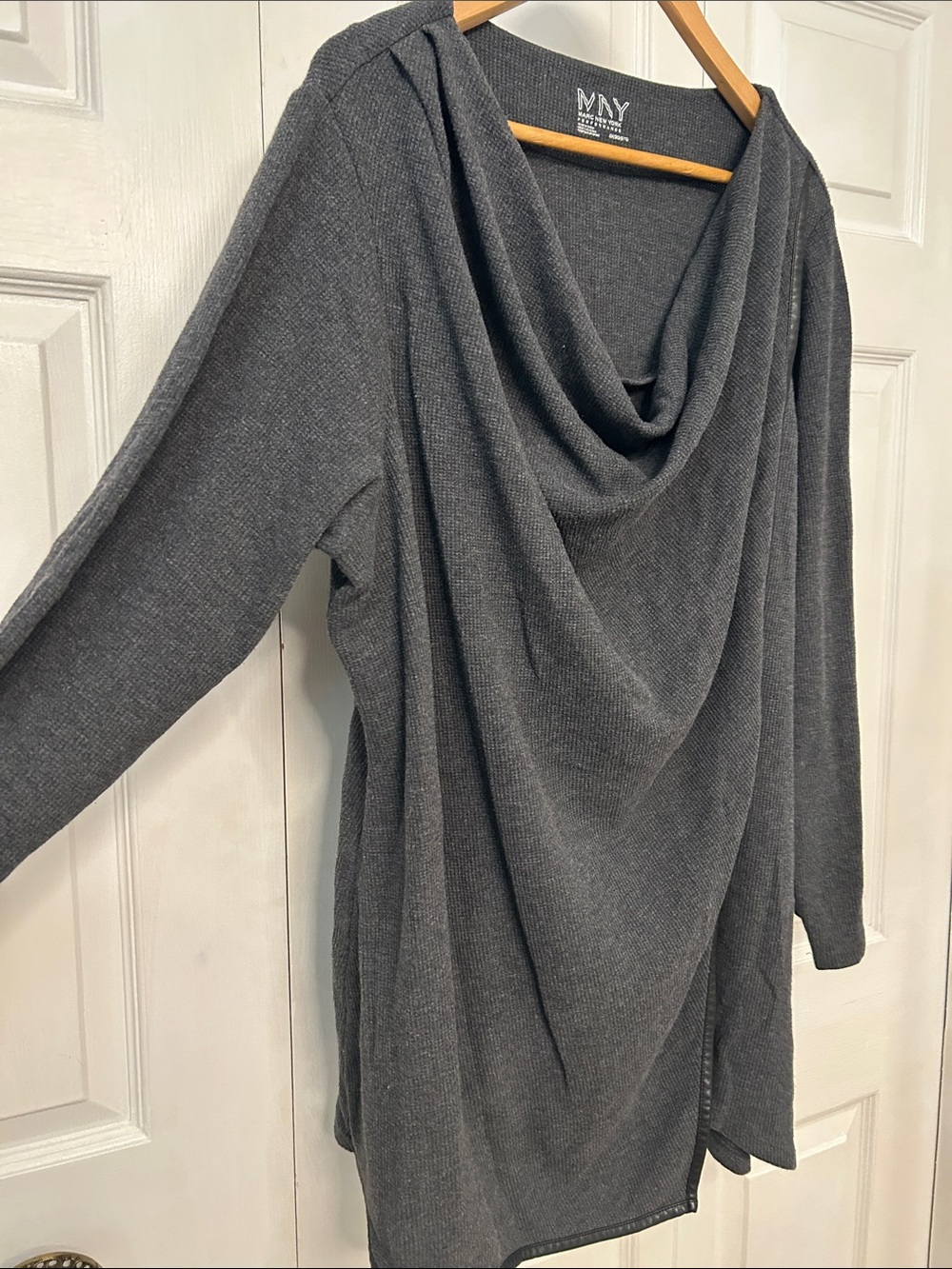 Gray waffle knit tunic top with draped Draped Neck